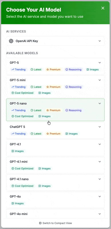 Choose your AI model in Dashgen